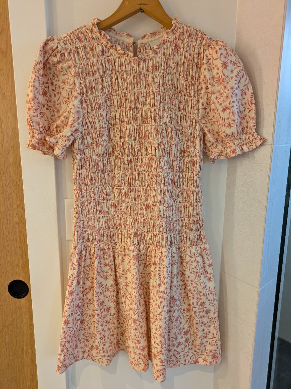 Reformation Leannah Smocked Puff Sleeve Mini Dress Corinne Pink Toile Print 8.